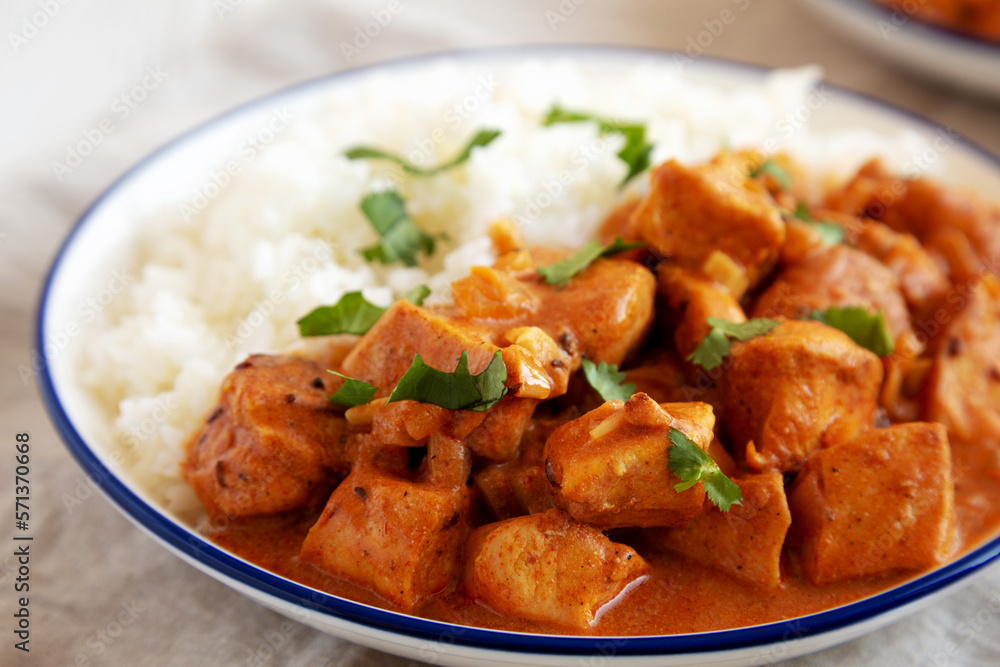 Homemade Easy Indian Butter Chicken with Rice on a Plate, low angle view. Close-up. Homemade Easy Indian Butter Chicken with Rice on a Plate, low angle view. Close-up.