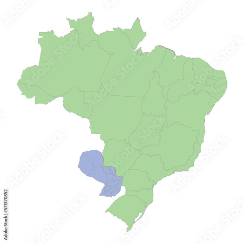 High quality political map of Brazil and Paraguay with borders of the regions or provinces
