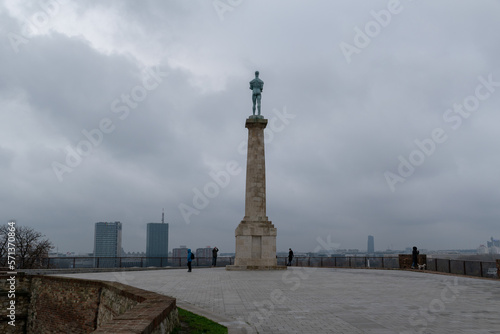 Victor statue at Belgrade park Kalemegdan during overcast day, famous medieval landmark
