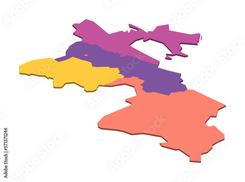 Tajikistan political map of administrative divisions - regions, autonomous region of Gorno-Badakhshan, districts of Republican Subordination and capital city of Dushanbe. Isometric 3D blank vector map
