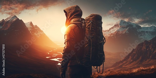 Side view of a traveler with a backpack standing in the light of the setting sun among the hills and mountains. Generative AI