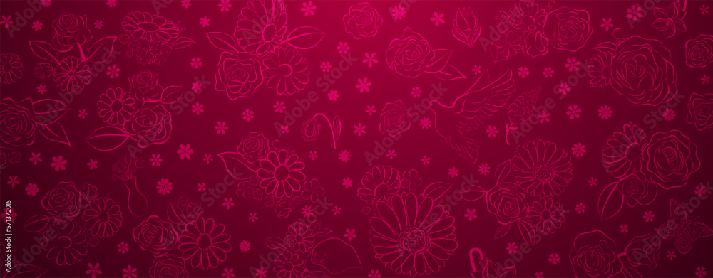 Spring background in red colors made of various flowers, birds and butterflies Spring background in red colors made of various flowers, birds and butterflies