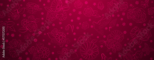 Spring background in red colors made of various flowers, birds and butterflies