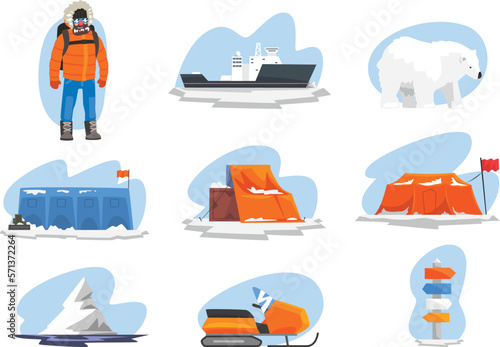 Antarctic expedition set. North pole exploration, scientific station, ice breaker and crossroad direction post vector illustration