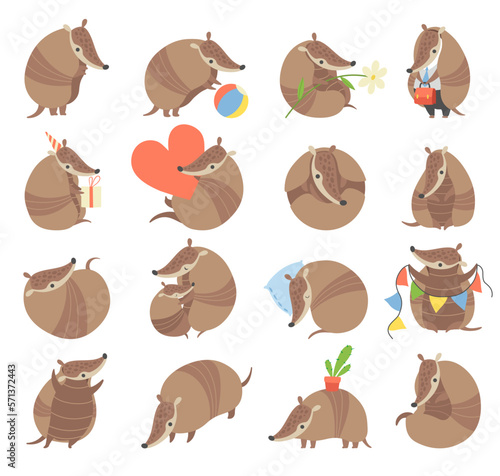 Cute Armadillo Character with Armor Shell Engaged in Different Activity Big Vector Set