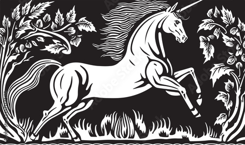 Trendy black and white illustration of a linocut art or colouring page of a unicorn