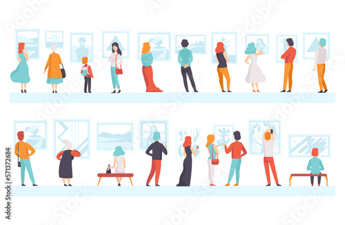 People looking at paintings at exhibition or art gallery set vector illustration
