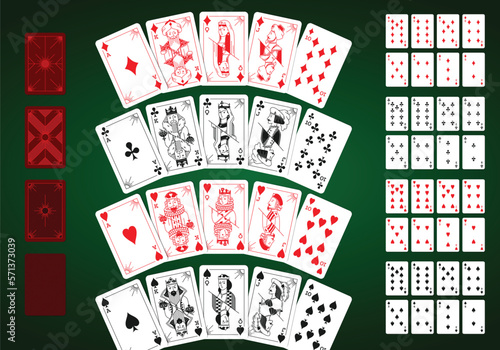 Set of playing cards in linear style. All images and costumes are fantasy, invented by the author, based on what he saw during his life.