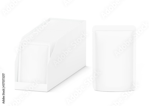 Open pos display box with pouch bags mockup. Vector illustration isolated on white background. Easy to use for your product. EPS10.