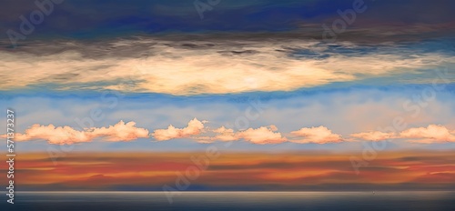 Cloudy sky at sunset over the horizon of the ocean. Horizontal sea at dusk. Sunset over the sea. Sea horizon at dusk landscape. Generative AI © 2rogan