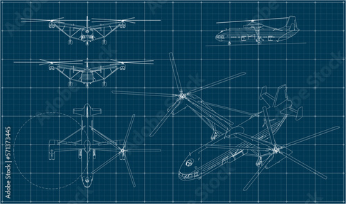 The heaviest and most lifting helicopter ever built in the world. Mil V-12. Soviet four-engine helicopter. Blueprint with projections and isometry.	