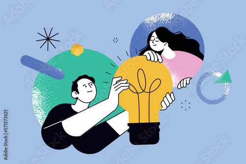Vector illustration of creative team, big idea, innovative solutions, startup. Creative concept for web banner, social media banner, business presentation, marketing material,