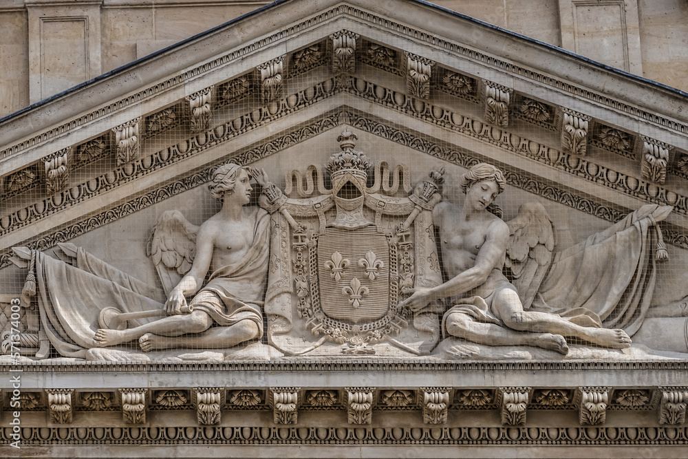 Fototapeta premium Architectural fragment of the central building of the Paris military school (Ecole Militaire), founded in 1750. Paris, France.