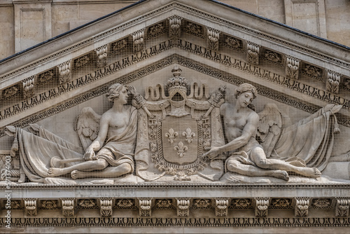 Architectural fragment of the central building of the Paris military school (Ecole Militaire), founded in 1750. Paris, France.
