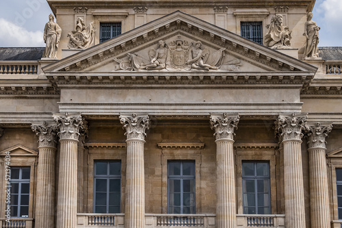 Architectural fragment of the central building of the Paris military school (Ecole Militaire), founded in 1750. Paris, France.