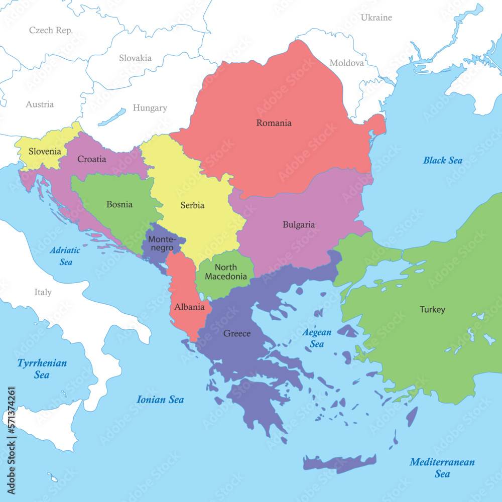 map of Balkans with borders of the countries.