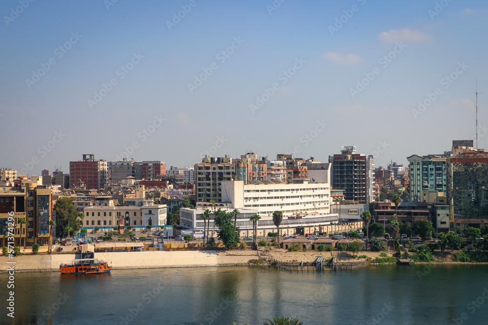 El Mansoura , Egypt - 7 Sep 2019 -  Landscape panoramic view of river Nile in Mansoura city - Panorama - Dakahlia Governorate or Dakahliya governor