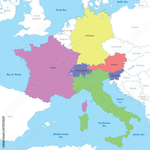 map of Alpine countries with borders of the countries.