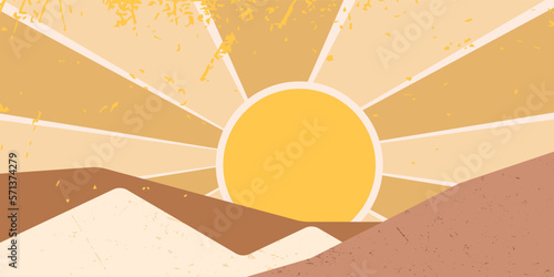 Abstract background of sunny rays and mountains in the style of 60s 70s. The rays of the sun. Vintage groovy retro background in pastel colors. Hippie aesthetics.