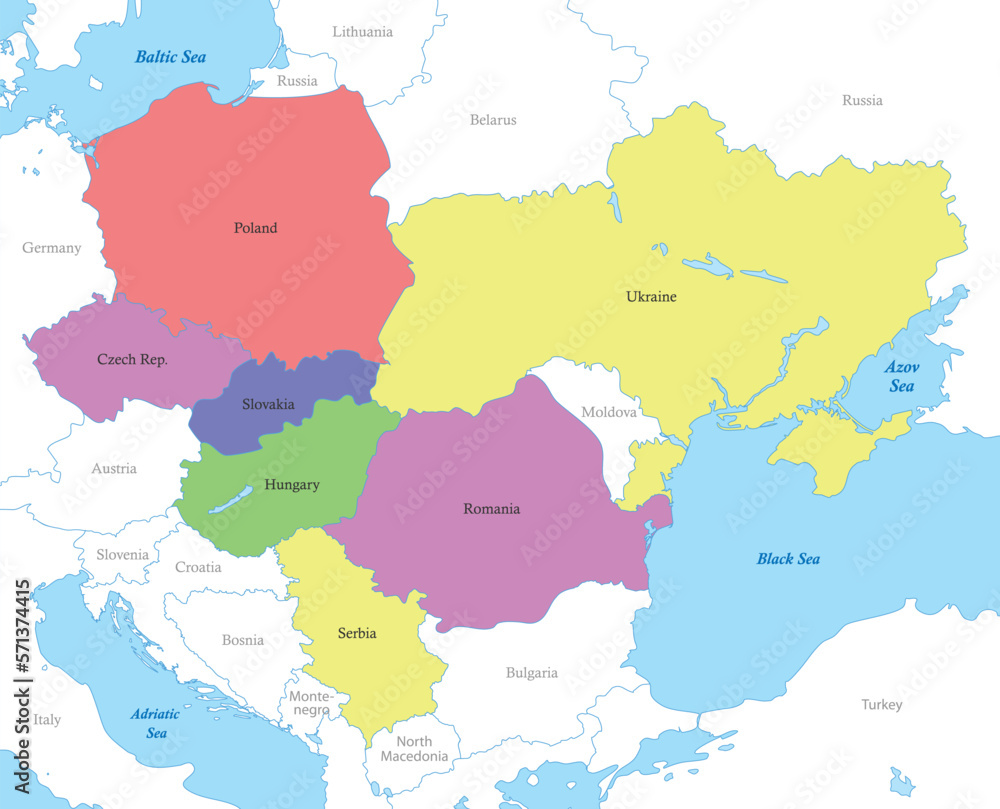 map of Carpathian states with borders of the countries. - obrazy, fototapety, plakaty 