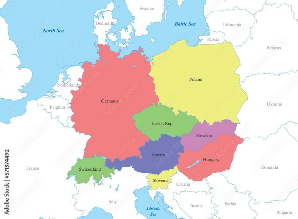 map of Central Europe with borders of the countries.