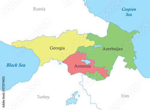 map of Caucasus with borders of the countries.