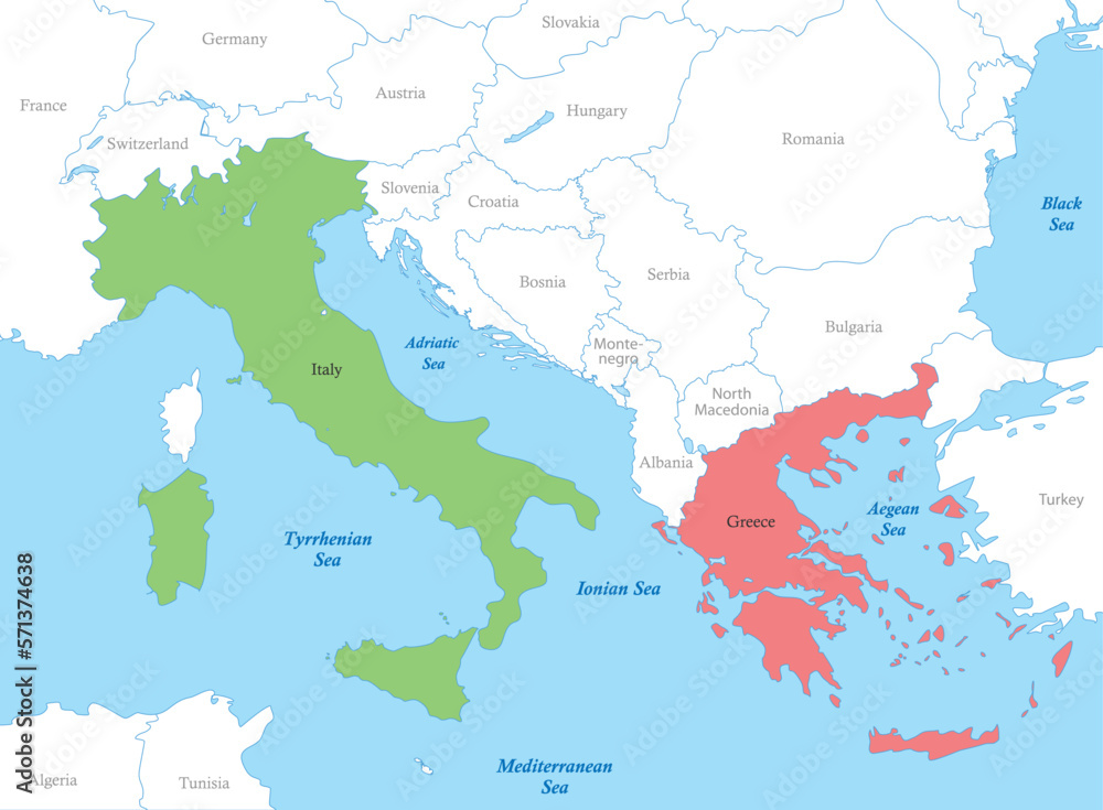 map of Southern Europe with borders of the countries.