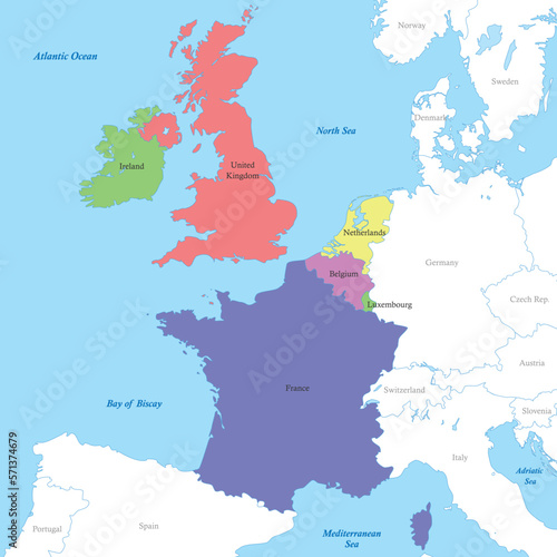 map of Western Europe with borders of the countries.