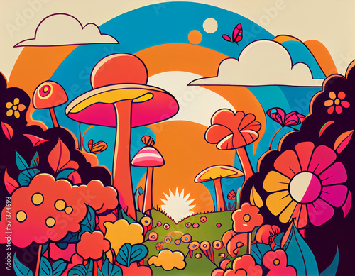Cartoon psychedelic landscape with mushrooms and flowers
