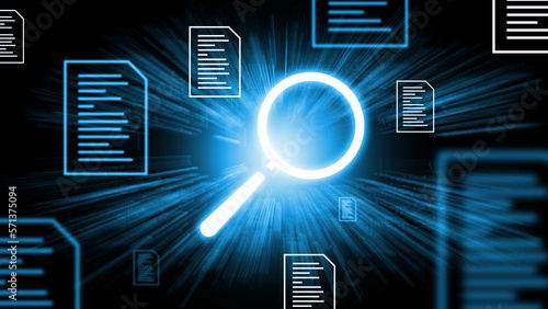 Finding and checking documents. Abstract hologram graphics with magnifier and documents icons