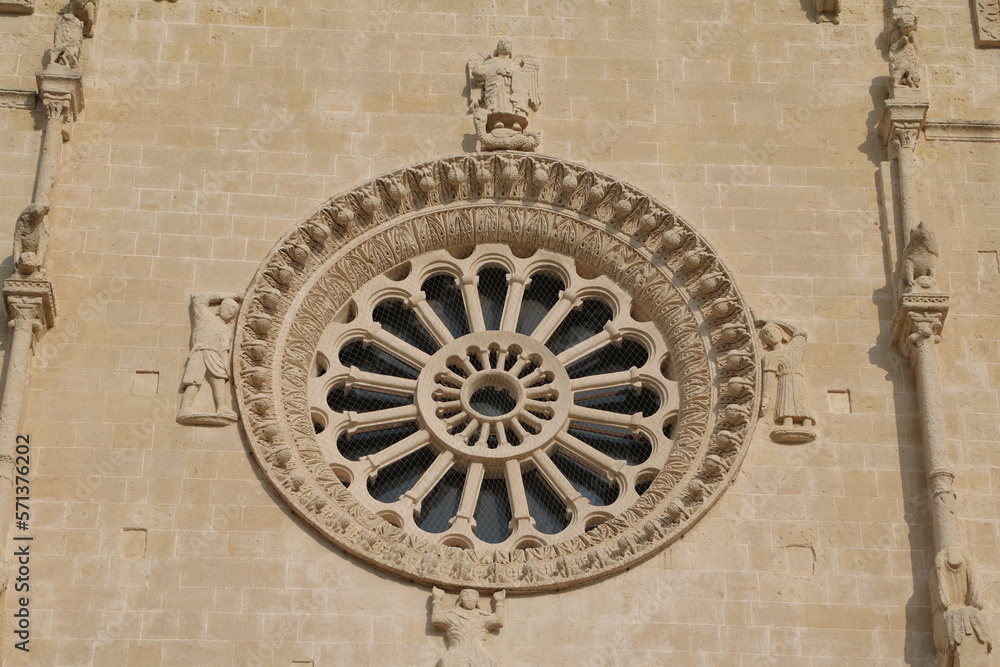 Rose window of Cathedral at Piazza Duomo in Matera, Italy
