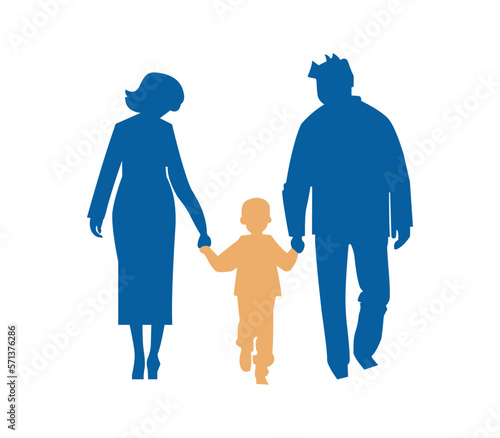 Father and mother figure holding hands with child. Mom with dad and son. Vector illustration for concepts of family.