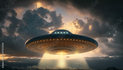Future spaceship in the sky projects light from bottom, UFO concept illustration.