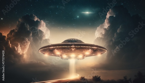 Future spaceship in the sky projects light from bottom, UFO concept illustration.