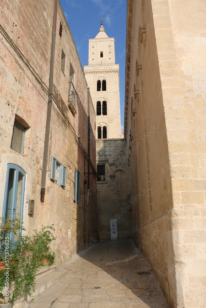 Way to clock tower of Cathedral at Piazza Duomo in Matera, Italy