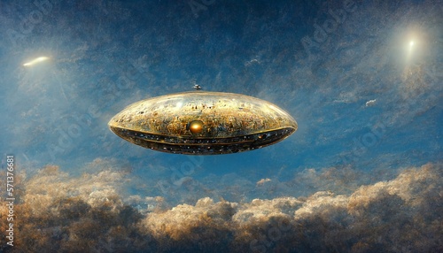 A shiny airship is traveling in the sky cloudscape illustration.