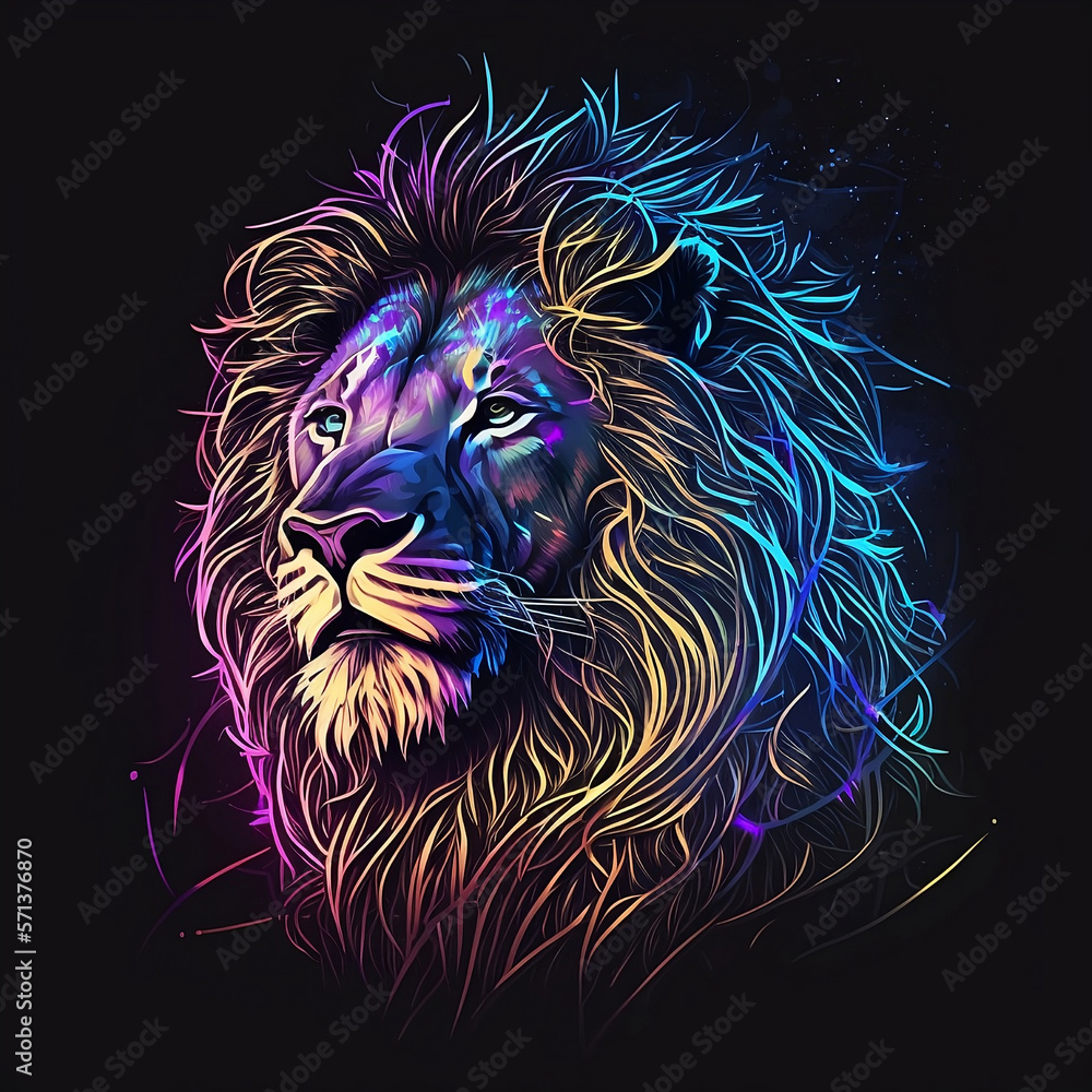 Lion. Abstract, multi-colored profile portrait of a lion's head. Generative AI