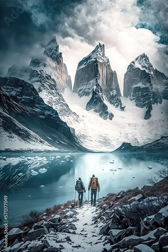 Bergwandern Im Hochgebirge Alpen Tibet Patagonien Generative AI Digital Art Illustration Kunst Grafik Hintergrund Cover Magazin