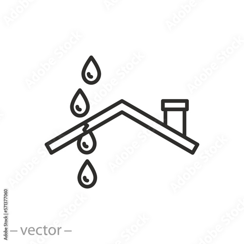 ceiling leak icon, leaking roof house, thin line symbol on white background - editable stroke vector illustration
