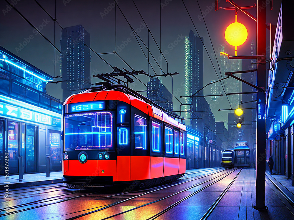 Red Tram Driving in a City Street At Night, Generative AI