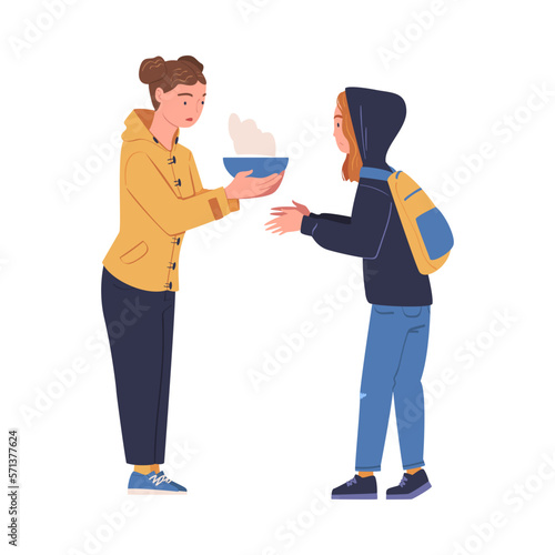 Volunteer giving food to refugee or homeless woman. Humanitarian aid help organisation helping refugees and migrants vector illustration