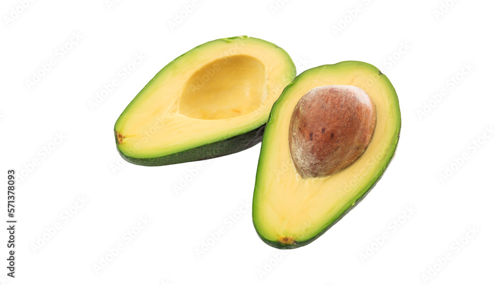 Avocado on transparent background. Two halves, cut fresh avocado. PNG