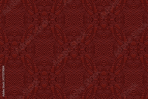 Embossed brown background, cover design. Geometric stylish 3D pattern, press paper, leather. Ornaments of the East, Asia, India, Mexico, Aztecs, Peru. Ethnic boho motifs.