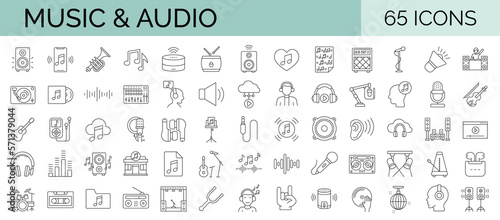 Fototapeta Naklejka Na Ścianę i Meble -  Set of 65 line editable stroke icons related to music, audio, instruments, sound. Vector illustration. Outline icon collection