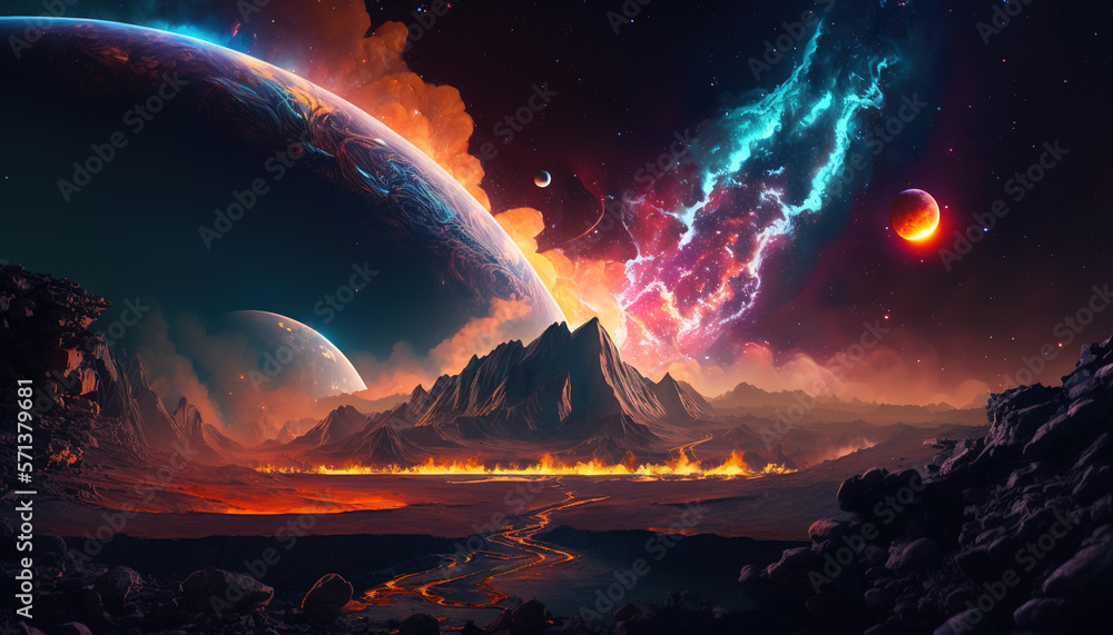 Fantasy cosmic landscape. View of a huge planet and cloudy colorful nebulas in space and from a rocky valley with hot volcanic lava and fire against the background of the mountain. Generative Ai.