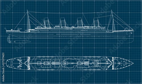 British transatlantic steamer. The largest passenger ship in world history in 1912-1913. On her maiden voyage, she sank in the North Atlantic after colliding with an iceberg. Blueprint.