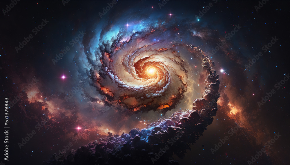 The mesmerizing beauty of the fantastic galaxy Milky Way. Lots of bright stars, dust, smoke and gas in dark colors create the spiral of the fantastic Milky Way. Cosmic background. Generative Ai.