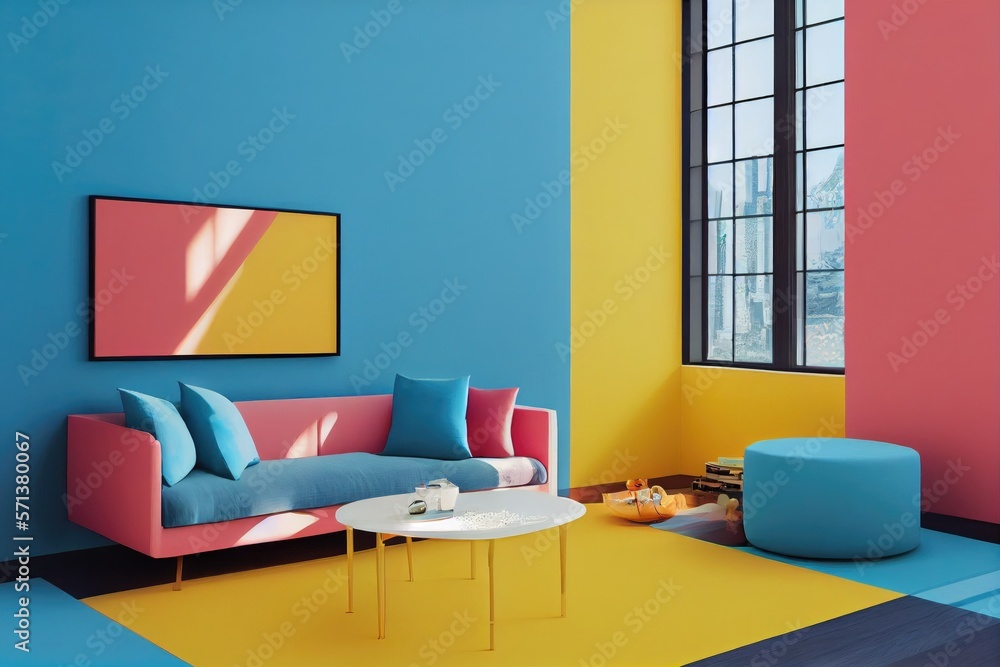 Eclectic Playful Living Room Interior with Colorful Walls Made with Generative AI