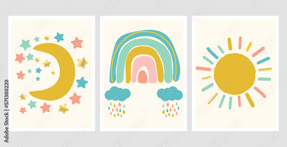 Scandinavian style cute posters with rainbow, cloud and sun. Childish drawing for nursery design. Fun doodle rainbow. Hand drawn illustration. Scandinavian nursery design. Scandinavian style cute posters with rainbow, cloud and sun. Childish drawing for nursery design. Fun doodle rainbow. Hand drawn illustration. Scandinavian nursery design.