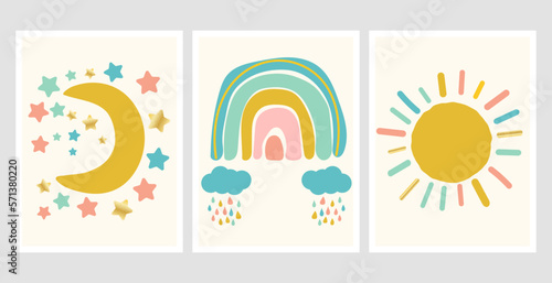 Scandinavian style cute posters with rainbow, cloud and sun. Childish drawing for nursery design. Fun doodle rainbow. Hand drawn illustration. Scandinavian nursery design.